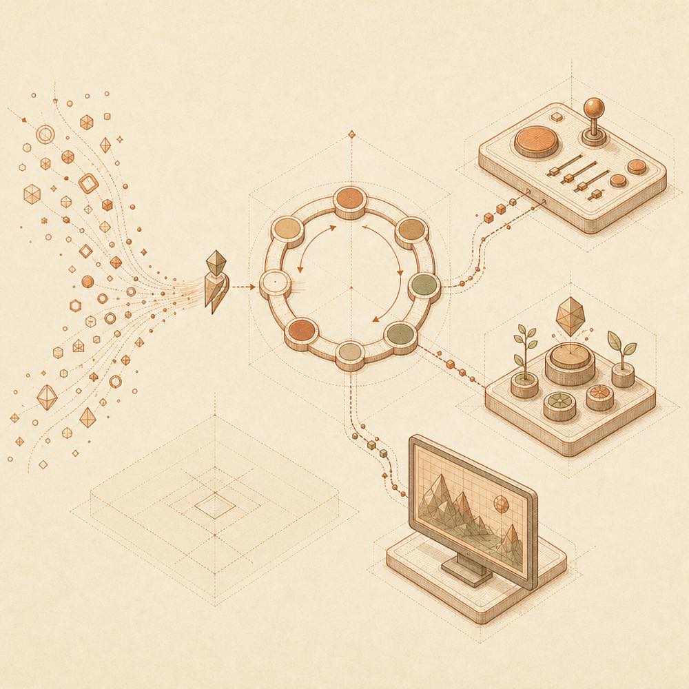 A floating figure flows through event states into interaction, growth, and desktop-rendering paths.