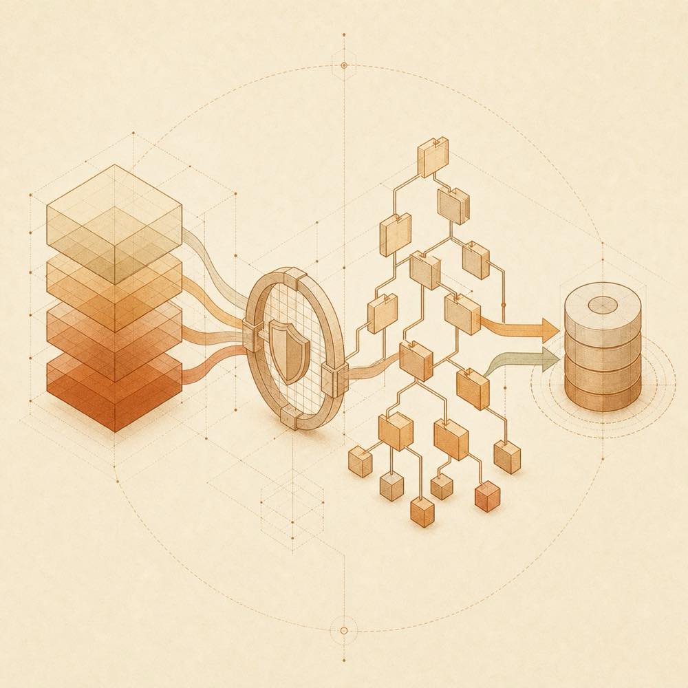 Session fragments pass through a guarded filesystem and converge into layered memory blocks.