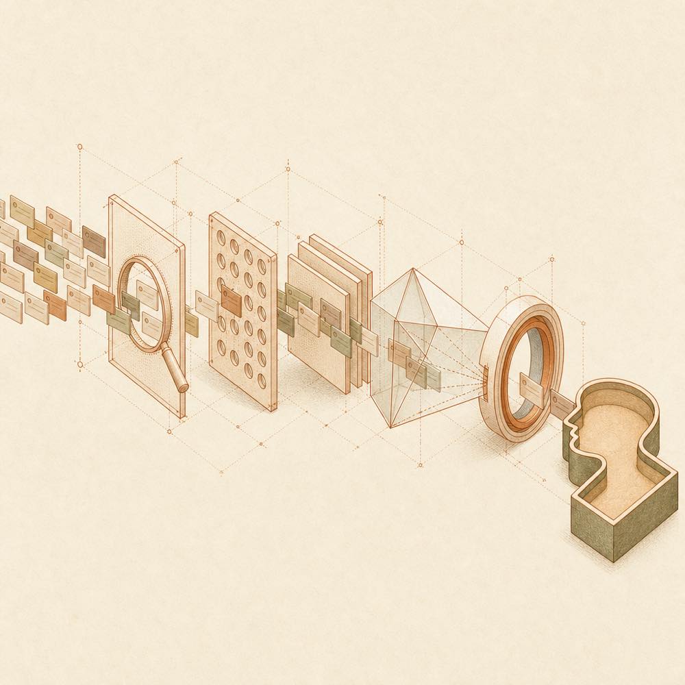 Catalogue cards pass through filters and a compatibility prism into one installed profile.