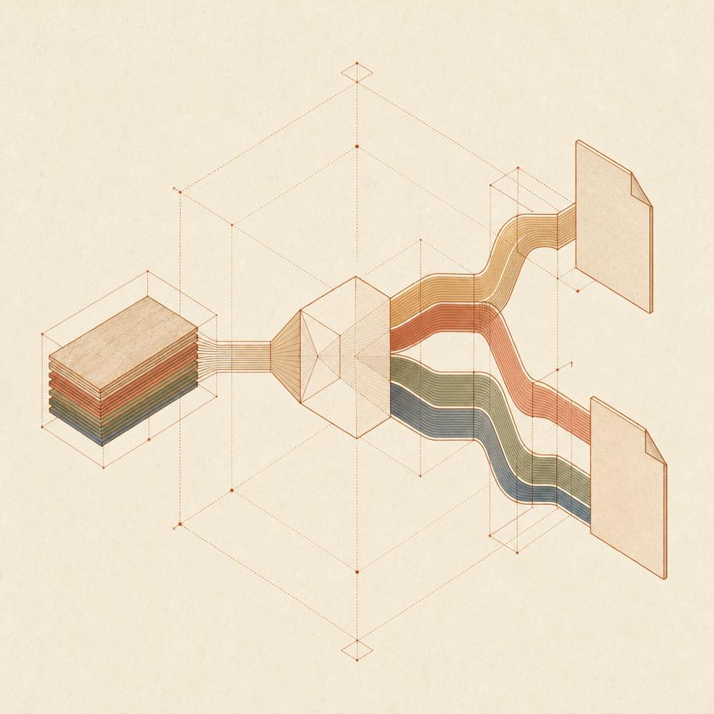 Layered logs split by source and resolve into Markdown and HTML document forms.