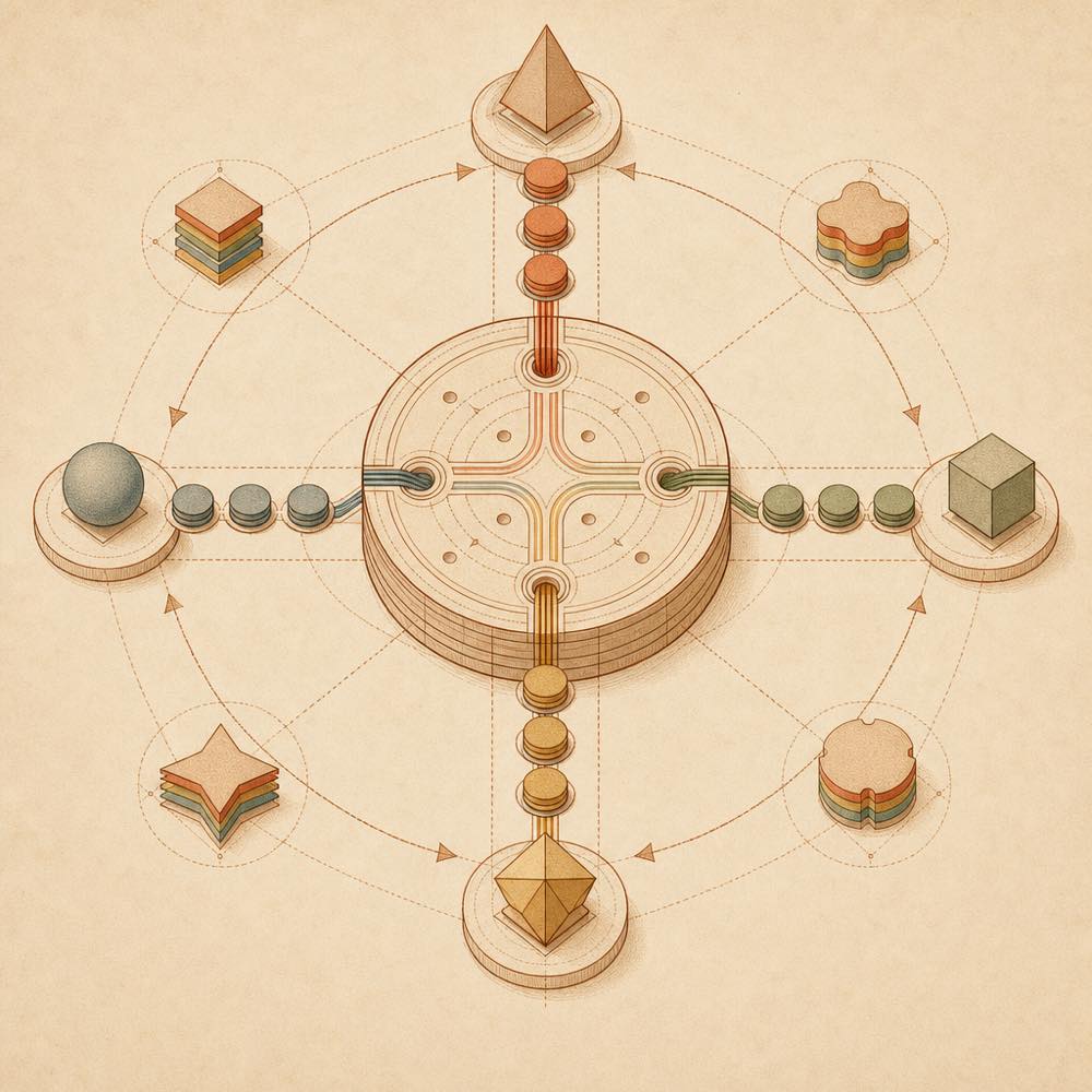 Abstract diagram of agents moving task tokens through a shared append-only ledger.