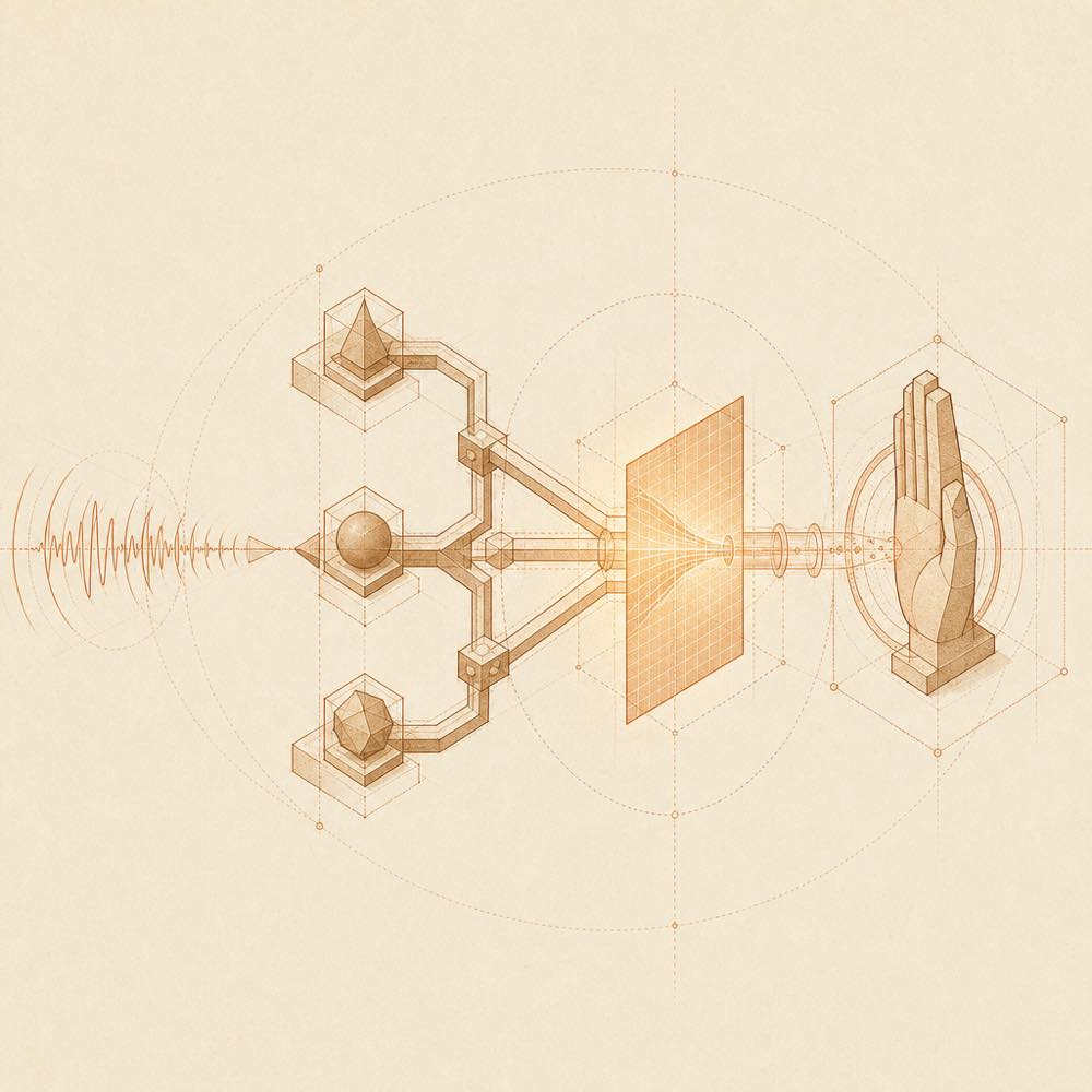 Sound waves flow through transcription and polishing channels into an editable draft.