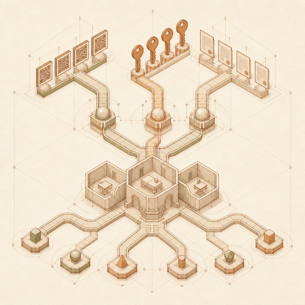 Abstract channels converge through supervised connections into isolated workspaces and session paths.