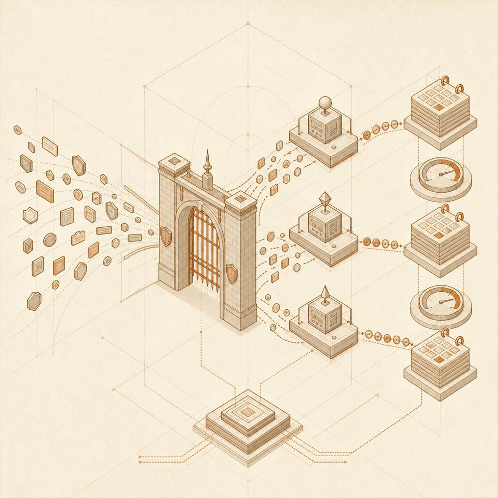 Abstract diagram of credentials flowing through a gateway into provider nodes, token streams, calendar tiles, and balance gauges.