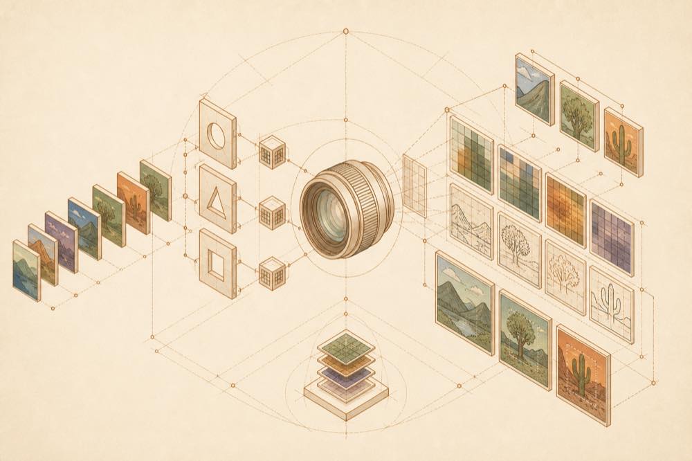 Image tiles pass through model gates and a lens, producing crops, pixel comparisons, traced contours and screenshots.
