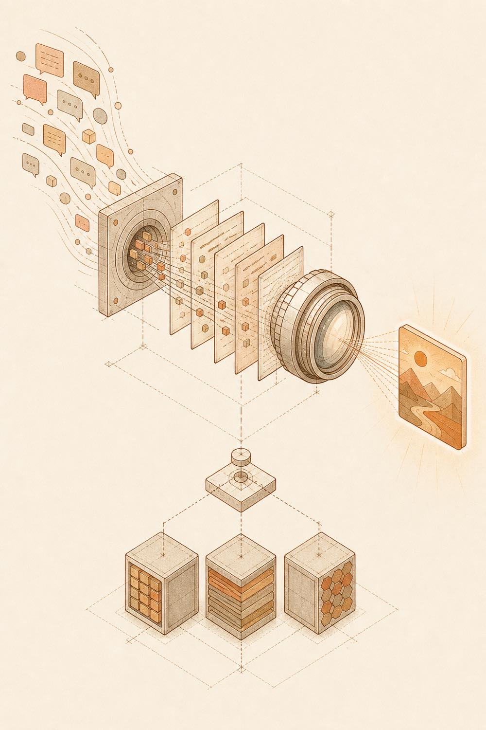Conversation fragments flow through a terminal aperture into rendered note images and persistent storage.