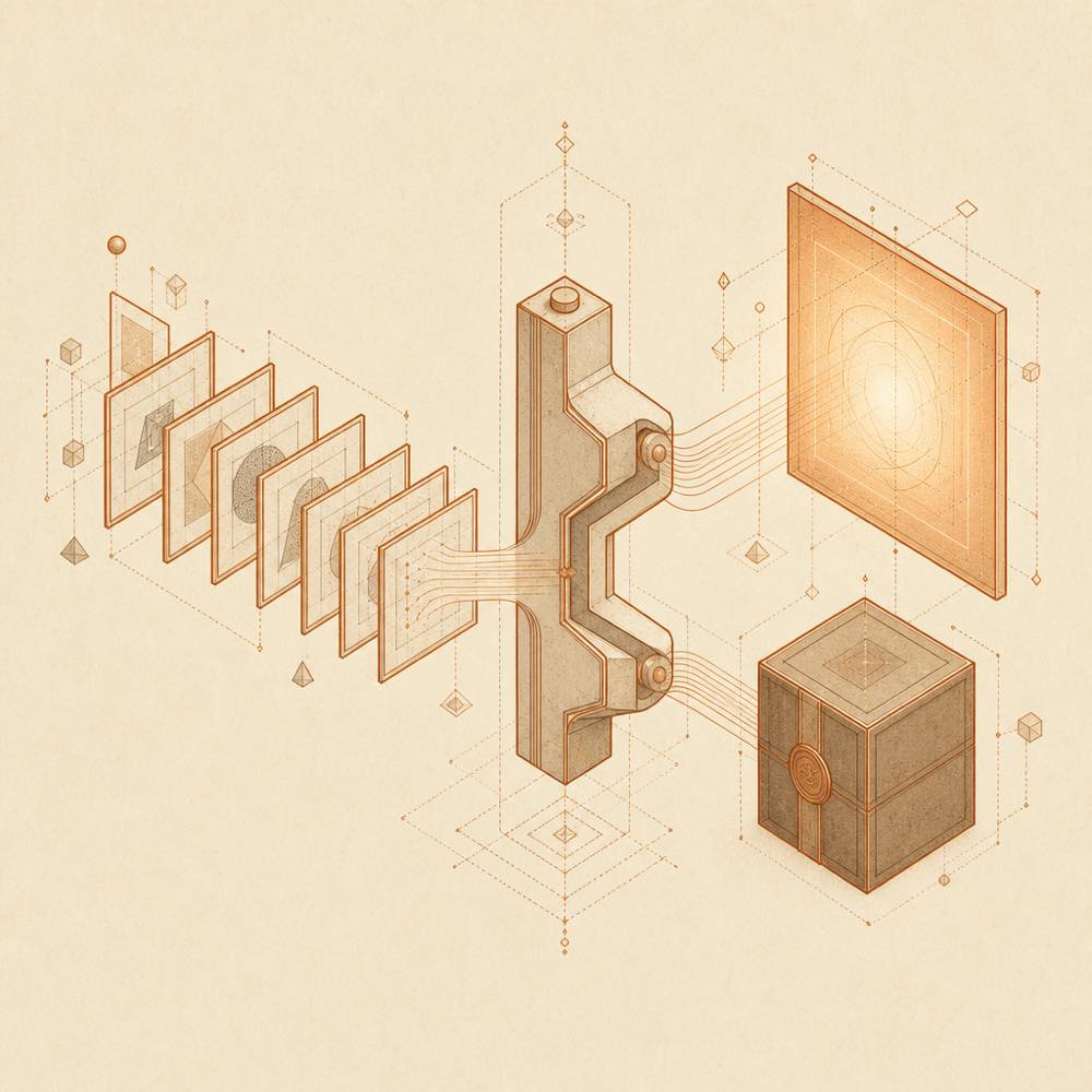 Layered design frames pass through a transactional gate into a canvas and sealed document archive.